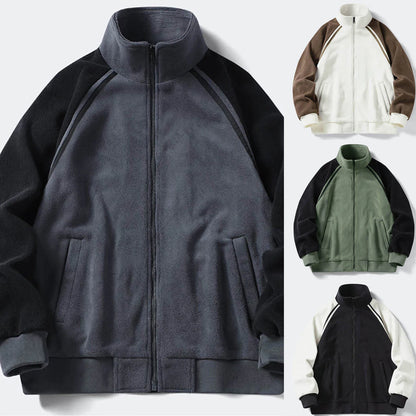 Men's Stand Collar Full Zip Fleece Jacket with Utility Pockets for Modern Streetwear Style