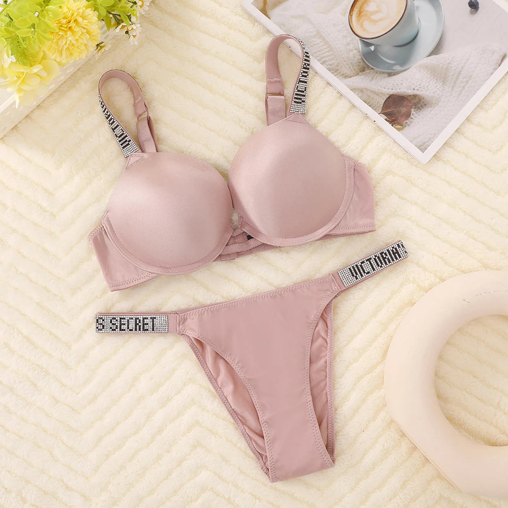 Luminous Rhinestone Script Strap Contour Bra and V-String Intimates Set