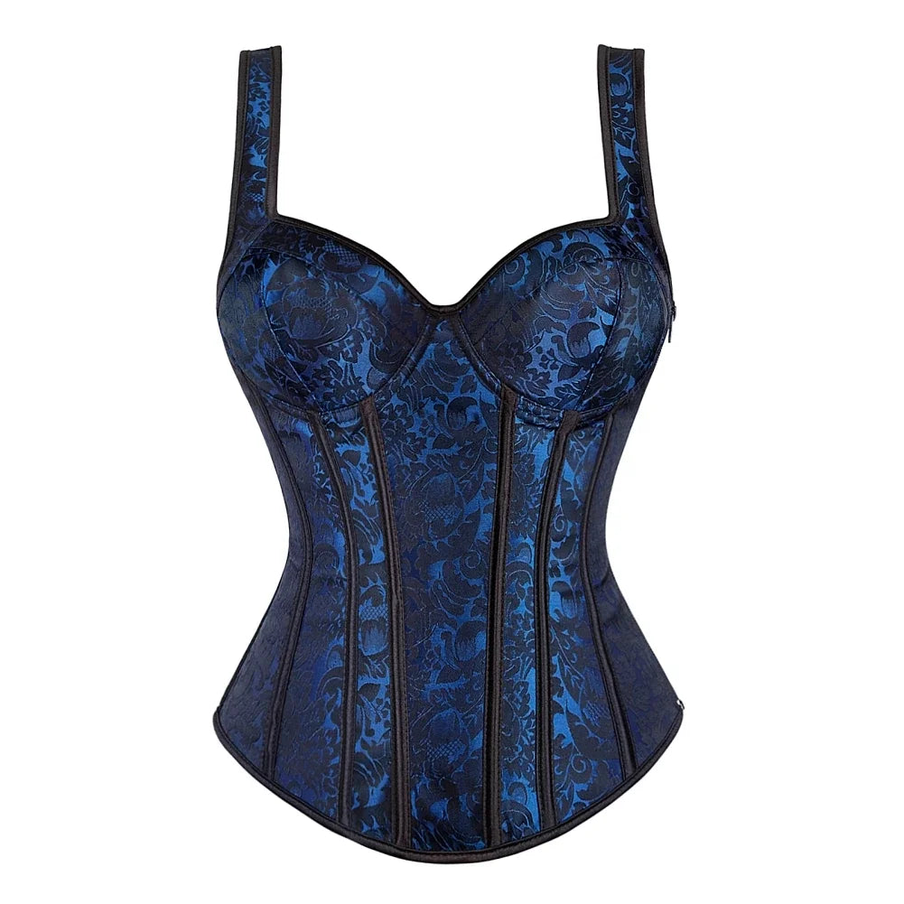 Vintage Floral Tapestry Overbust Corset with Wide Straps and Structured Seaming