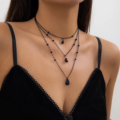 Layered Crystal Drop Necklace Set for Gothic Y2K and Dark Feminine Fashion Styling