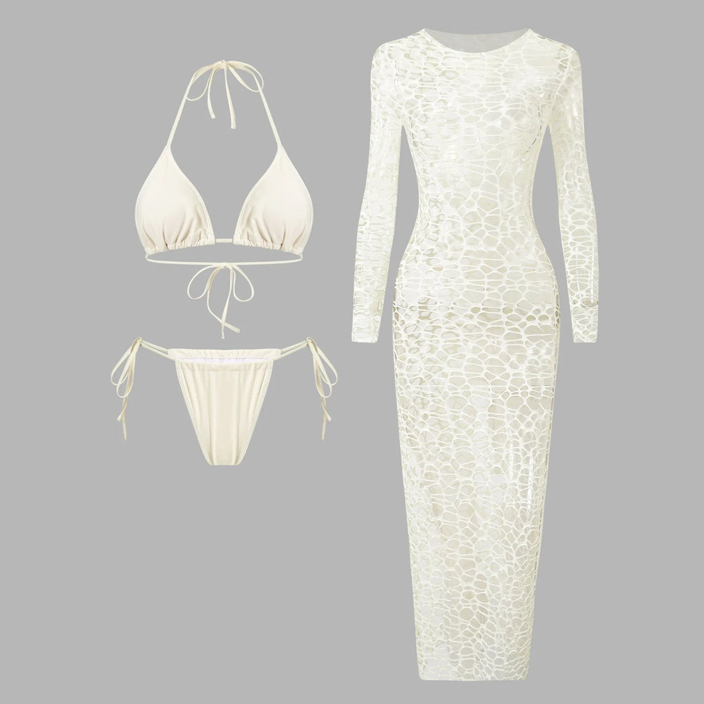 Three-Piece White Swimwear Set with Long-Sleeve Hollow-Lace Maxi Cover-Up