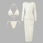 Three-Piece White Swimwear Set with Long-Sleeve Hollow-Lace Maxi Cover-Up