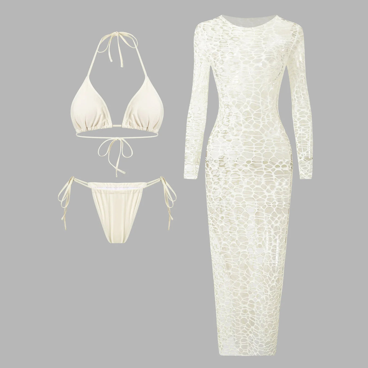 Three-Piece White Swimwear Set with Long-Sleeve Hollow-Lace Maxi Cover-Up