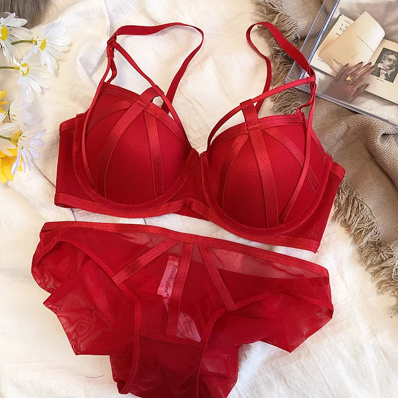 Chartreuse Strappy Cutout Underwire Bra and Sheer Mesh Panty Set