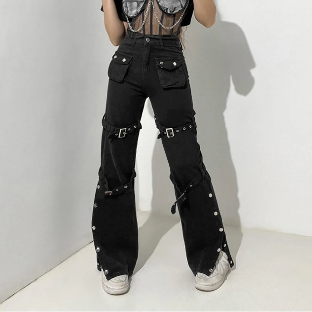 Women's Low Rise Straight Leg Utility Pants with Metal Hardware and Streetwear Style