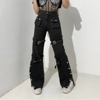 Women's Low Rise Straight Leg Utility Pants with Metal Hardware and Streetwear Style