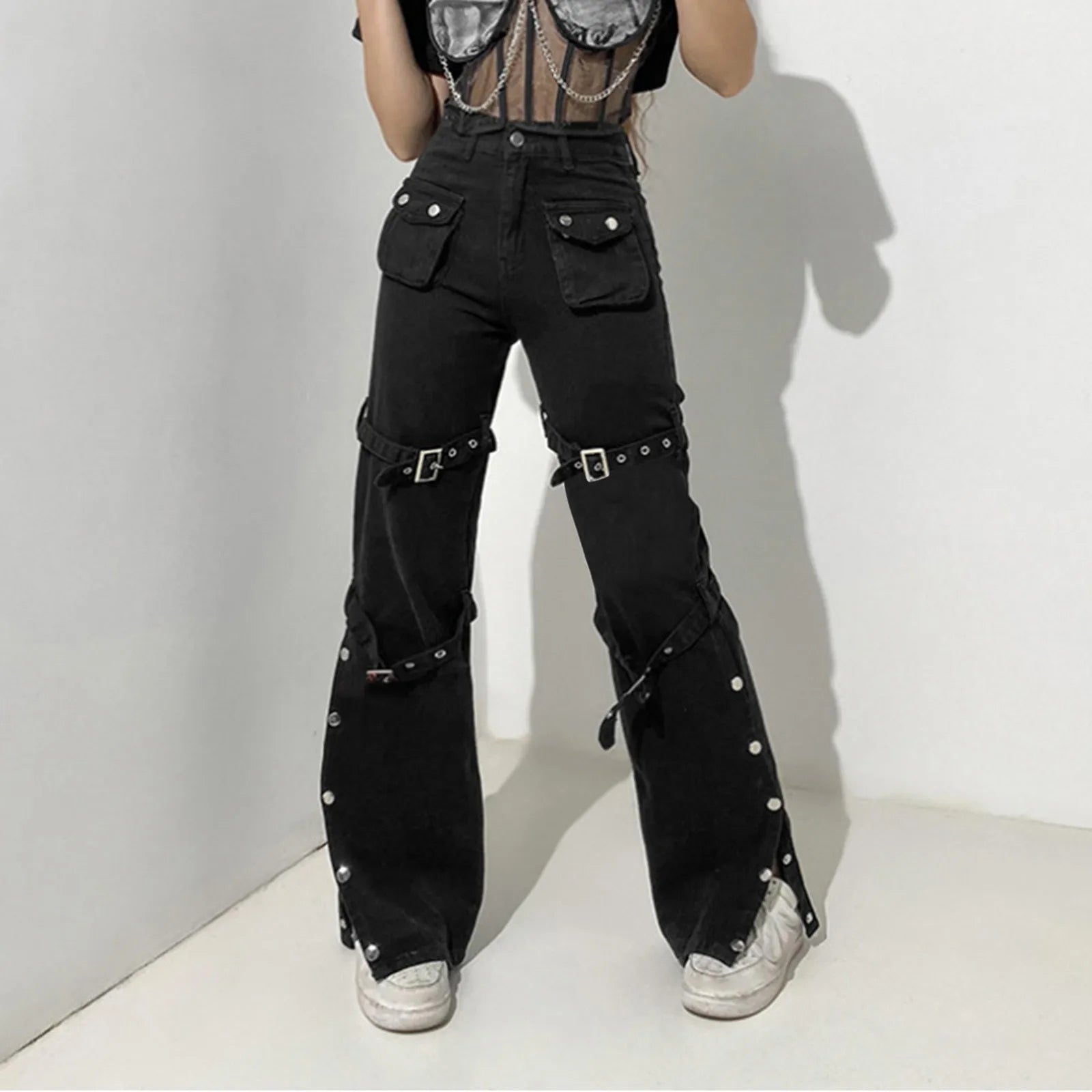 Women's Low Rise Straight Leg Utility Pants with Metal Hardware and Streetwear Style