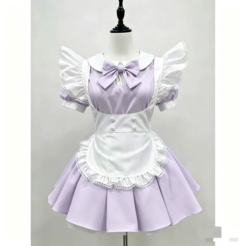 Pastel Color-Block Lolita Maid Dress with Pleated Skirt and Ruffled Apron