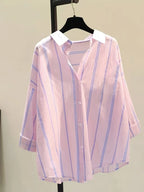 Minimalist Pink Striped Popover Blouse with Contrast White Collar