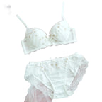 Pristine White Ruched Mesh Lingerie Set with Delicate Floral Embroidery