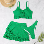 Solid Green Tie-Front Bikini Set with Matching Ruffled Mini Skirt