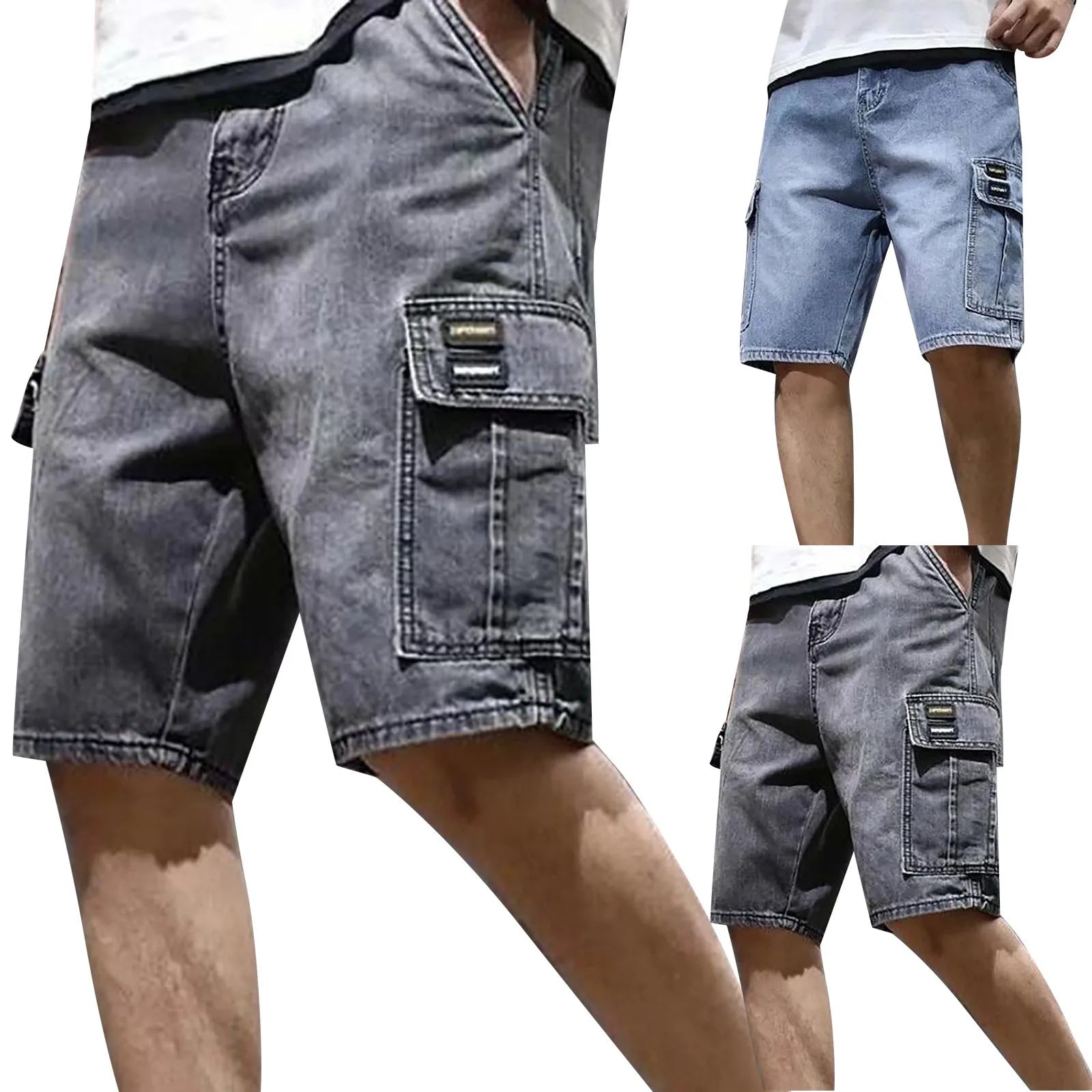 Men's Loose Fit Denim Cargo Shorts with Utility Pockets and Casual Streetwear Style