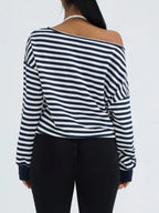 Off-Shoulder Relaxed Fit Knit Pullover Sweater with Long Sleeves and Side Pocket