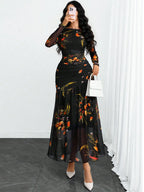 Elegant Victorian Gothic Lace Panel Maxi Dress with Flowing Hemline