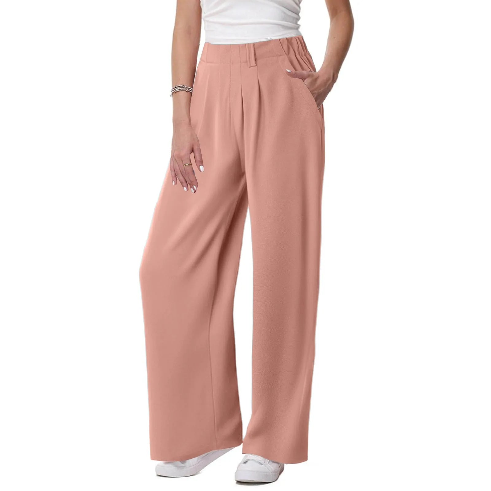 Women's Low Rise Loose Palazzo Pants with Pleated Front and Pocket Casual Streetwear Style