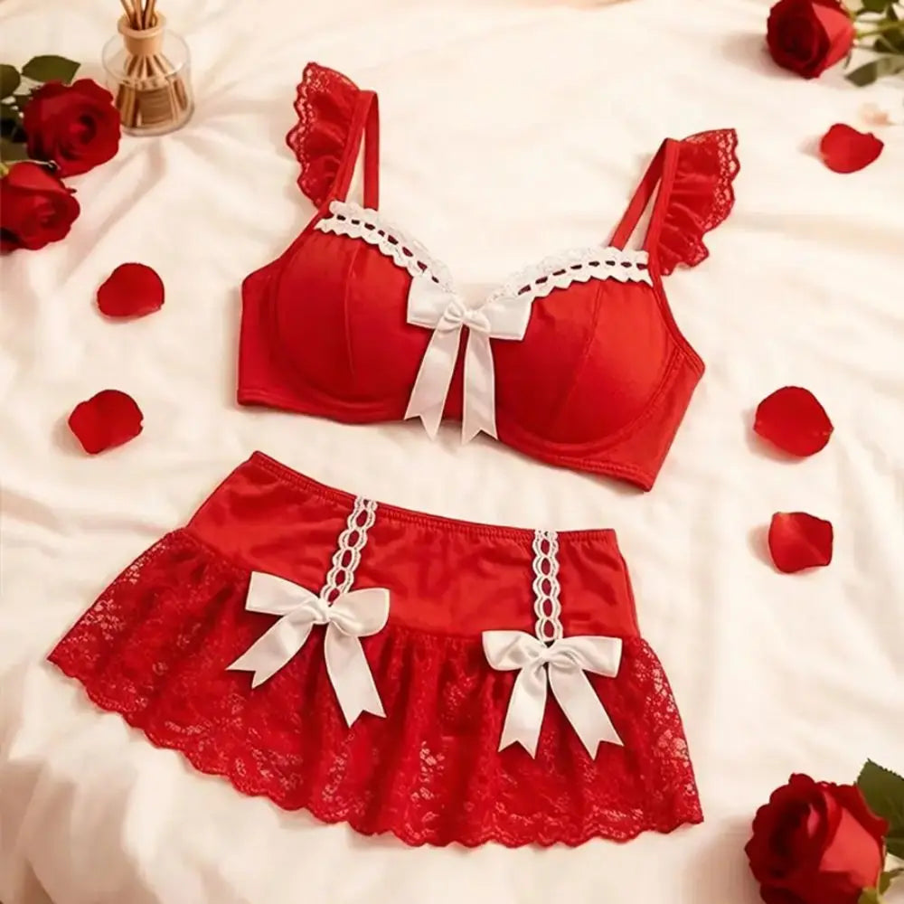 Playful Ruffled Black Lace Bralette and Mini Skirt Set with Contrast White Bows