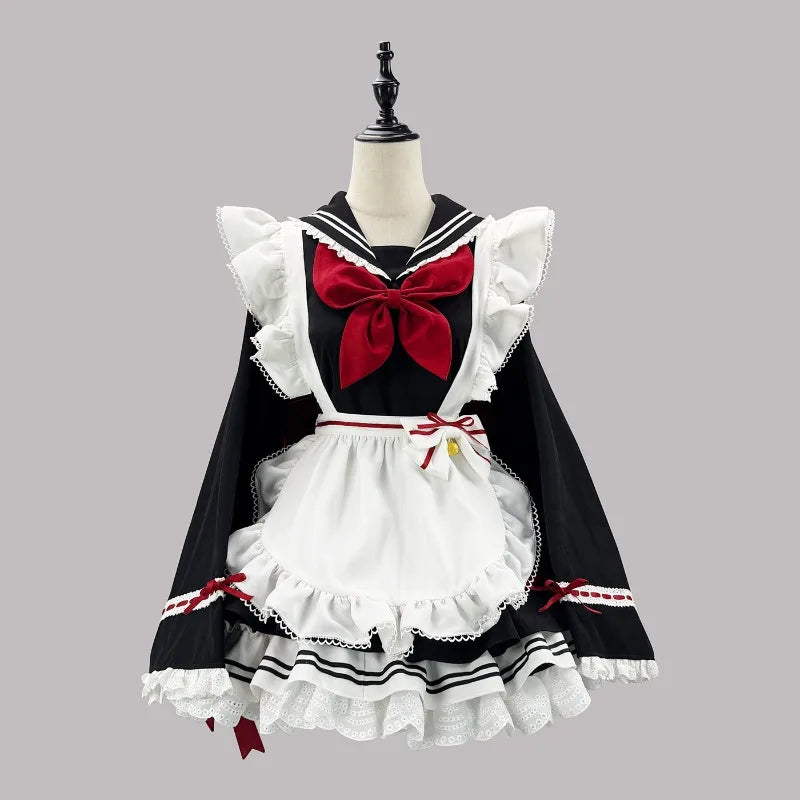 Classic Long-Sleeve Sailor Maid Dress with Ruffled Apron and Crimson Bow