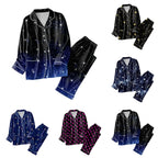 Women's Satin-Look Star Print Pajama Set, Long-Sleeve Button-Front Shirt and Matching Ankle-Length Pants, Two-Piece Loungewear