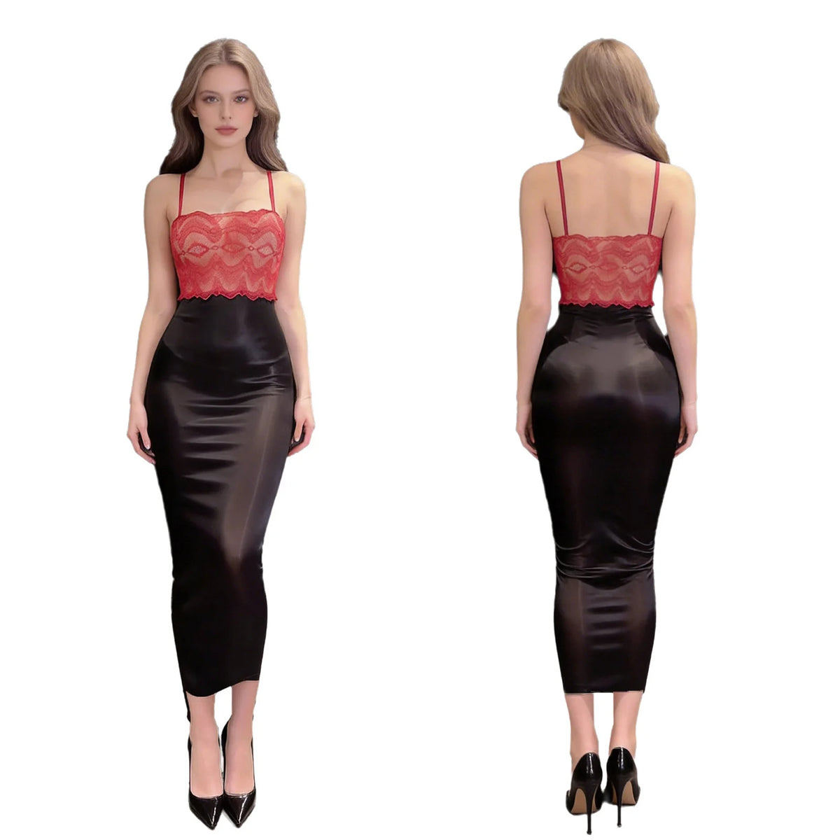 Sheer Black Mesh Bodycon Midi Dress with Floral Lace Bodice