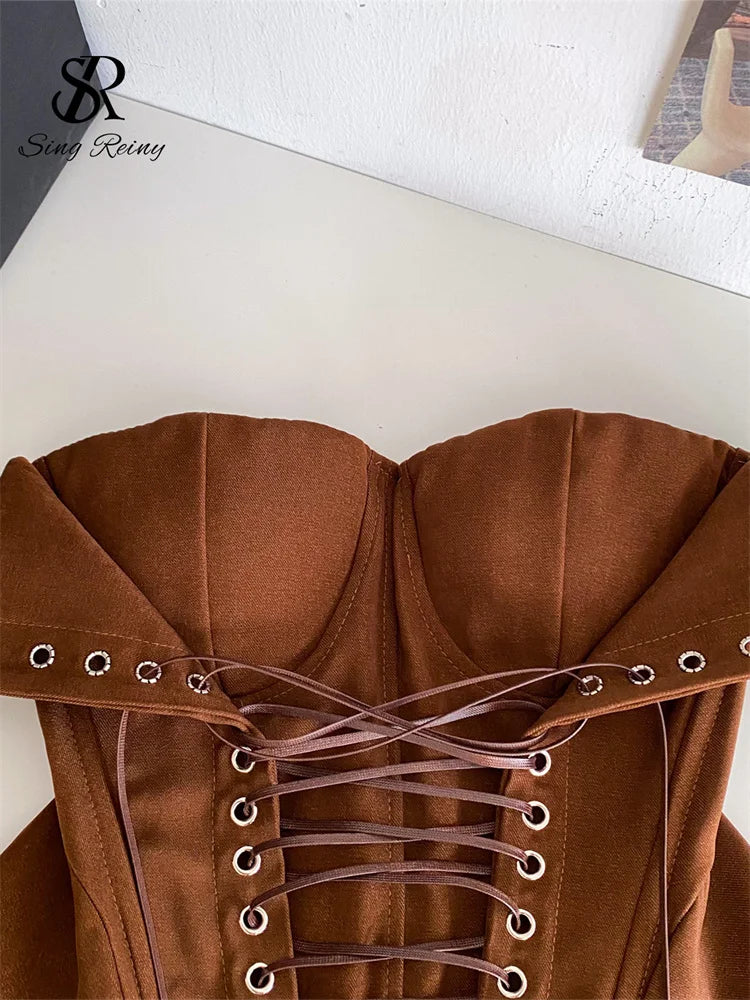 Earthy Brown Strapless Bustier with Fold-Over Sweetheart Bust and Front Lace-Up