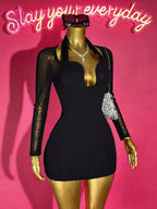 Mesh Sleeve Bodycon Mini Dress with Plunge Neckline Contemporary Party Style