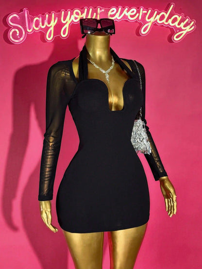 Mesh Sleeve Bodycon Mini Dress with Plunge Neckline Contemporary Party Style