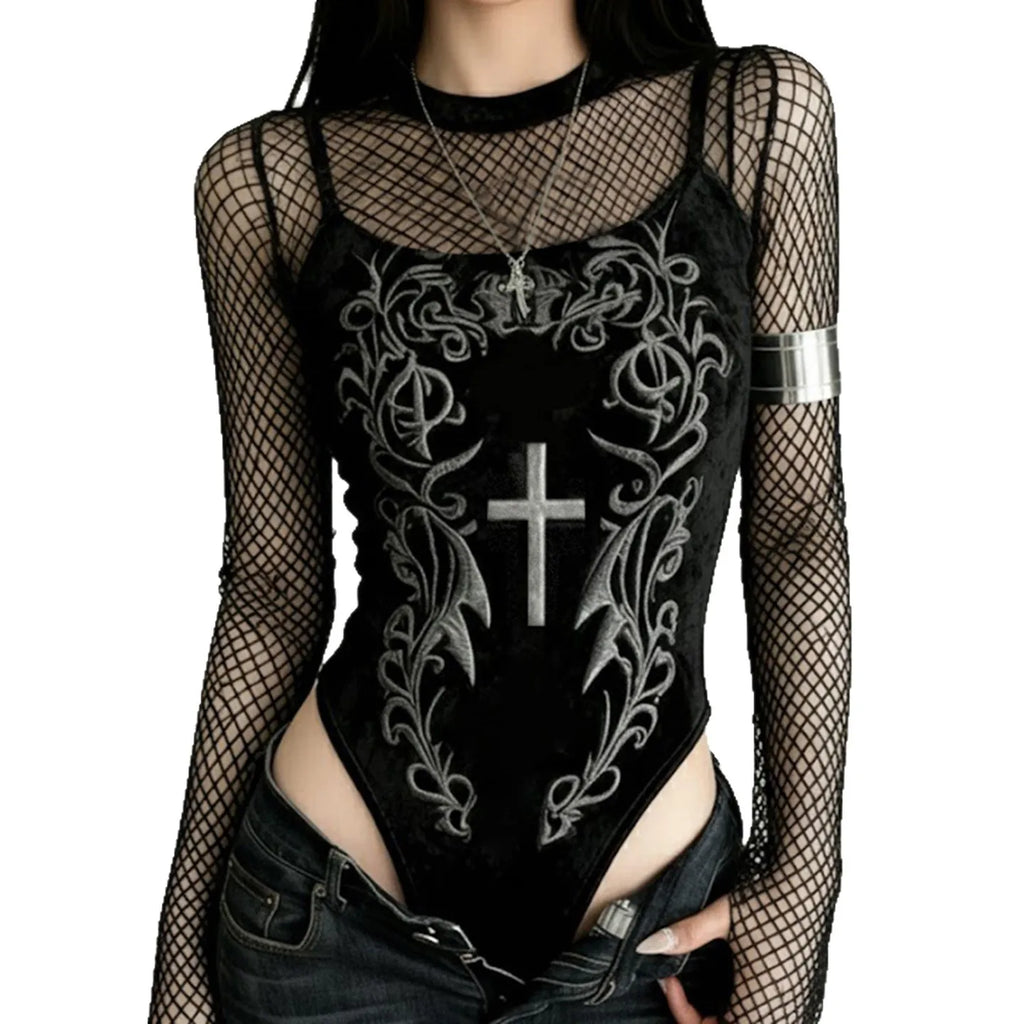 Velvet Printed Long Sleeve Gothic Bodysuit for Dark Aesthetic Fashion