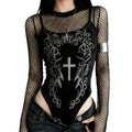 Velvet Printed Long Sleeve Gothic Bodysuit for Dark Aesthetic Fashion