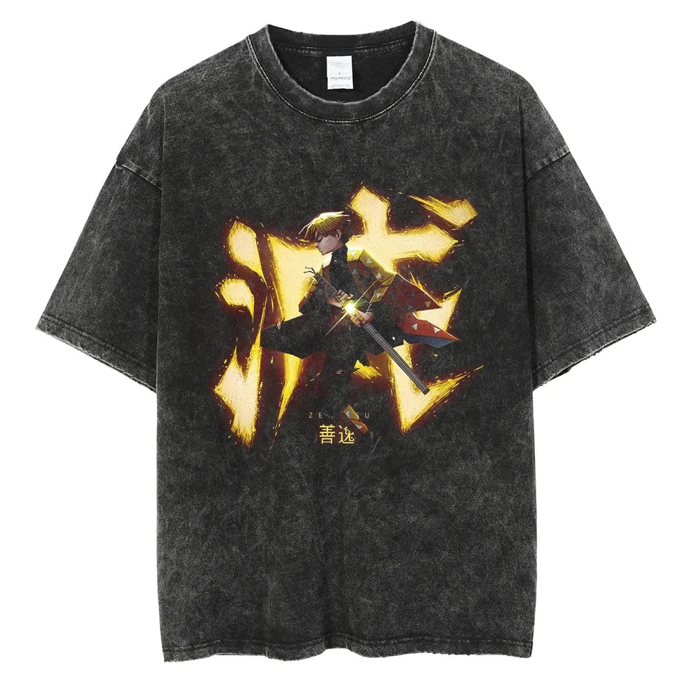Anime-Inspired Vintage Washed Oversized Graphic Japanese Streetwear Casual T-Shirt