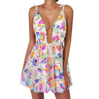 Vibrant Floral Print Plunging V-Neck Mini Dress with Tie Straps and Open Back