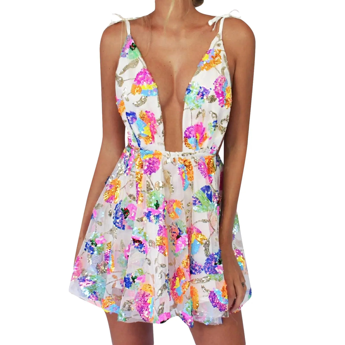 Vibrant Floral Print Plunging V-Neck Mini Dress with Tie Straps and Open Back
