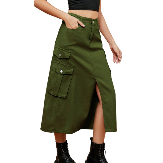 High Waist Cargo Midi Skirt with Utility Pockets Front Slit Streetwear Fashion