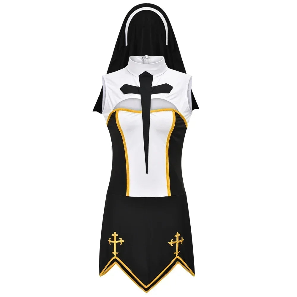 Theatrical Habit-Inspired Mini Dress with Striking Cross Embellishments and Coordinated Headpiece