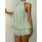 Flowy Mint Green Halter Neck Mini Dress with Tiered Hem
