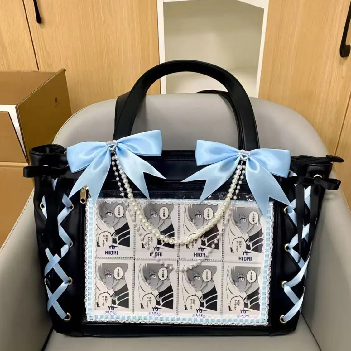 Transparent Display Tote Bag with Ribbon Accents and Organizer Compartments