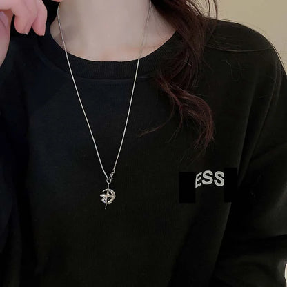Celestial Crescent Moon and Star Pendant Necklace for Alternative Fashion