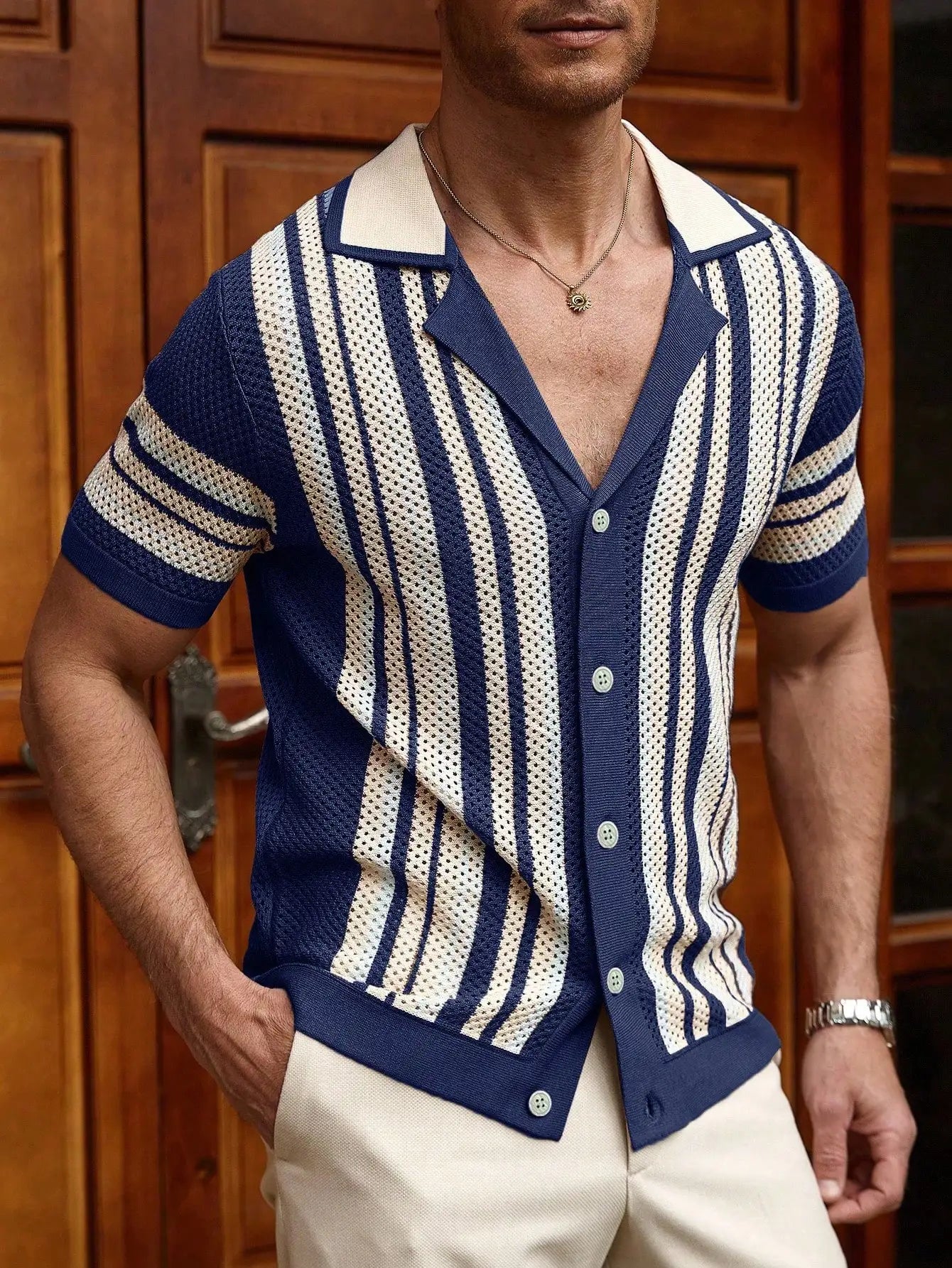 Men's Vertical Stripe Short Sleeve Knit Cardigan with Retro Summer Silhouette