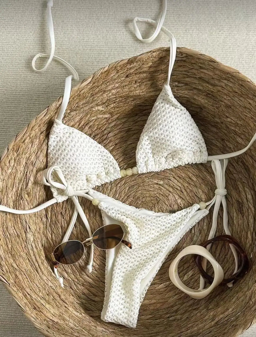 Textured Caramel Triangle String Bikini with Adjustable Side Ties