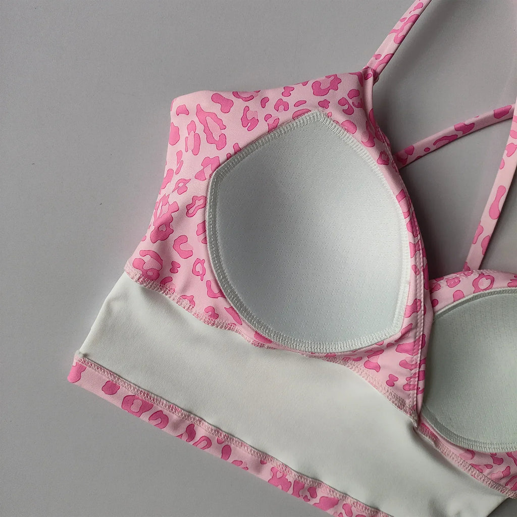 Playful Cherry Print Longline Sports Bra with Strappy Criss-Cross Back