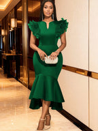 Emerald Green Notched V-Neck Mermaid Midi Dress with Ruffled Cap Sleeves