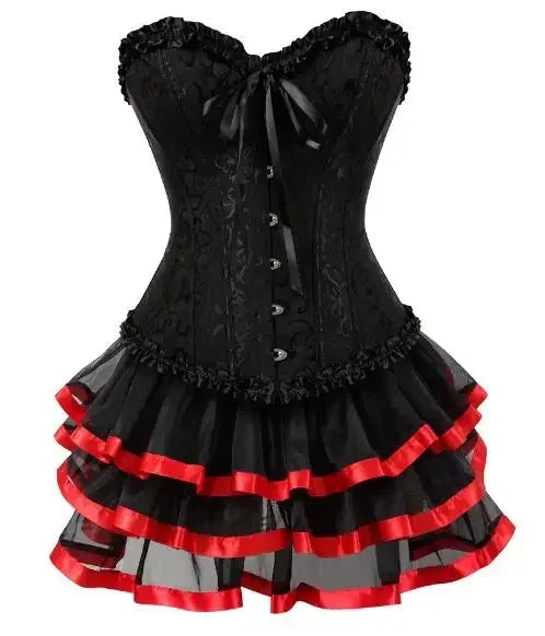 Ruffle Hem Overbust Corset Dress with Lace-Up Front and Layered Skirt