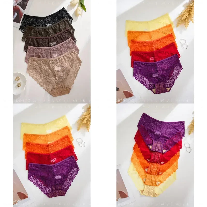 5-Piece Women’s Lace Mid-Rise Briefs Set with Openwork Detailing, Soft Stretch Silhouette and Assorted Feminine Colors