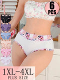 Six-Piece High-Waisted Brief Set with Floral Print Waistband (Plus Size)