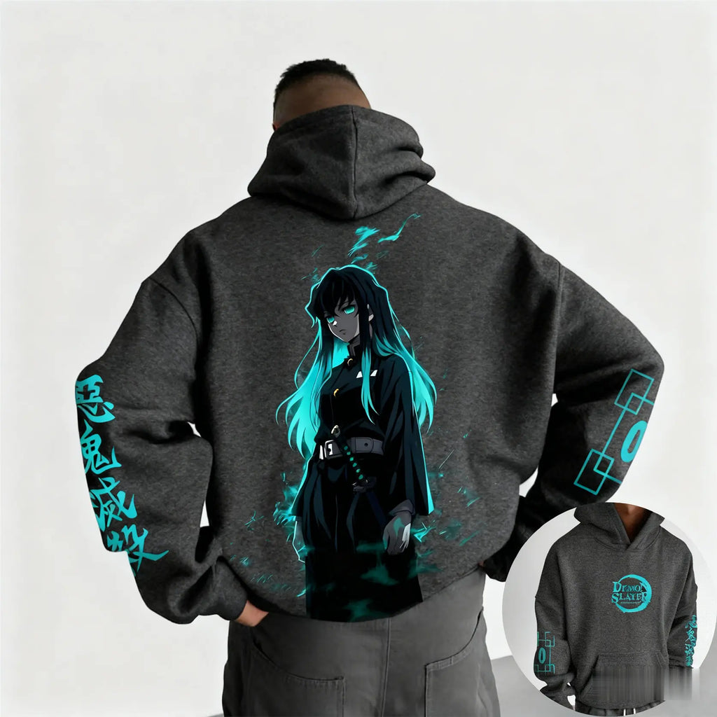 Dark Anime Cyber Streetwear Hoodie with Manga-Inspired Neon Character Artwork