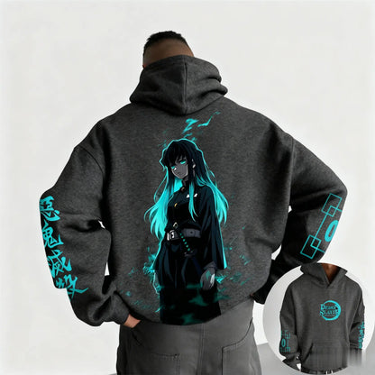Dark Anime Cyber Streetwear Hoodie with Manga-Inspired Neon Character Artwork