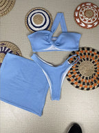 Vibrant Orange Three-Piece Swimwear Set with Ruched Bralette and Cover-Up Skirt