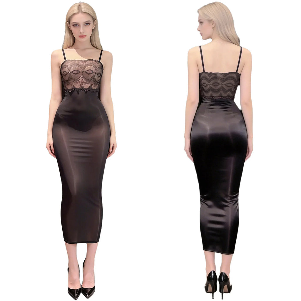 Sheer Black Mesh Bodycon Midi Dress with Floral Lace Bodice