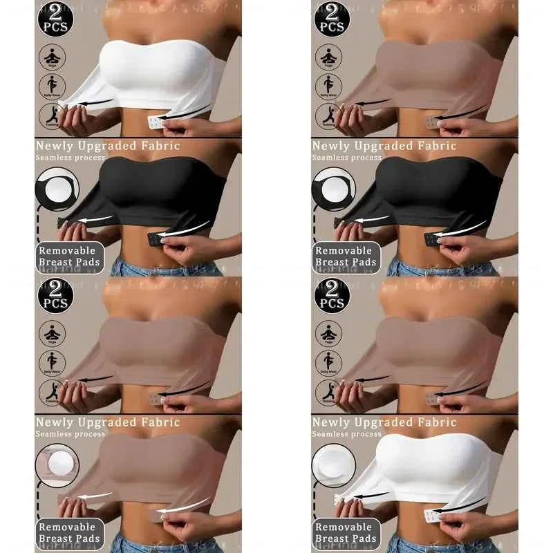 2-Piece Strapless Bandeau Bra Set with Front Hook Closure, Removable Pads and Ruffled Edge Detail