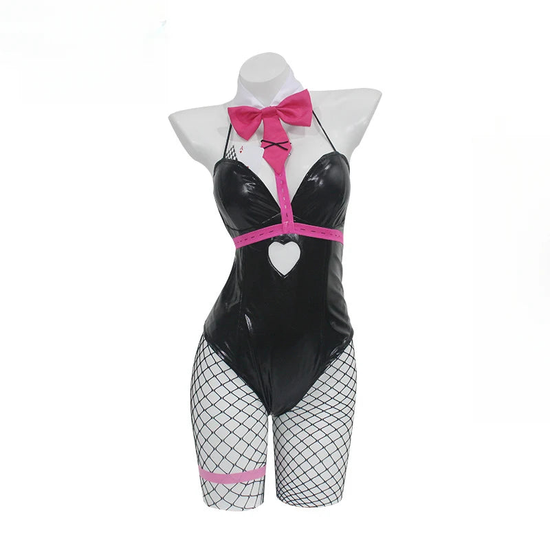 Daring Black Bodysuit Set with Pink Harness Details and Heart Cutout