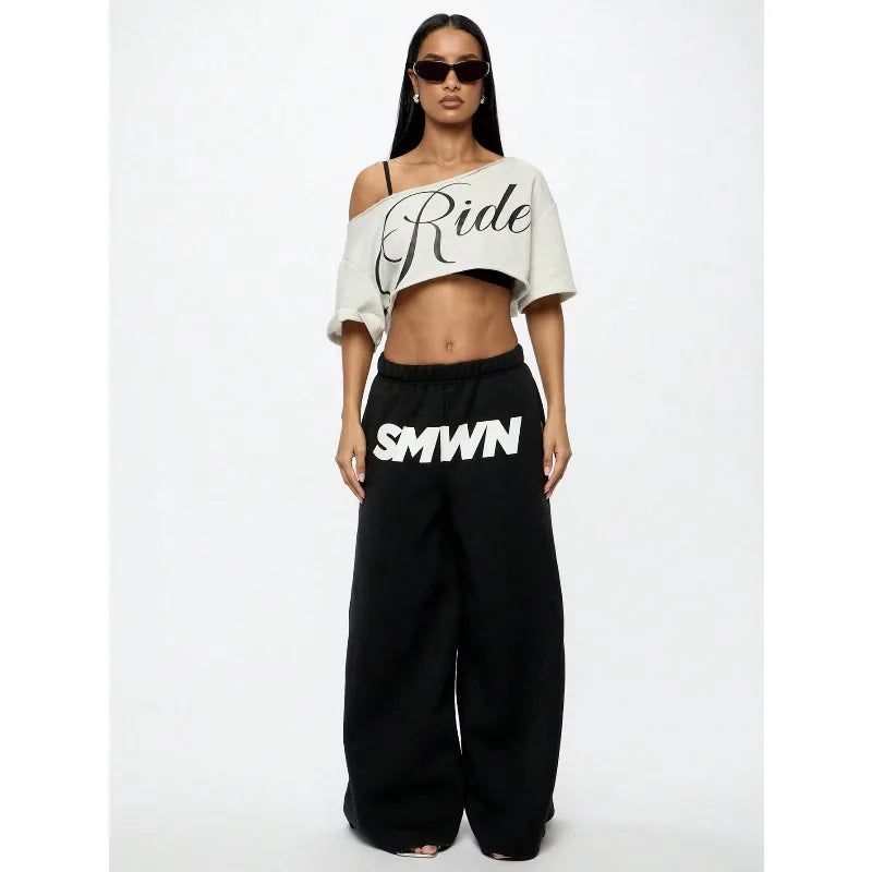 Women's Asymmetric Off Shoulder Graphic Crop T-Shirt for Modern Streetwear and Casual Everyday Style